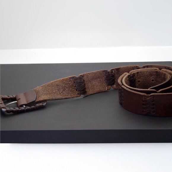 Vintage Handcrafted Leather Belt with Woven Buckle, Rustic Brown Real Leather - Picture 9 of 10